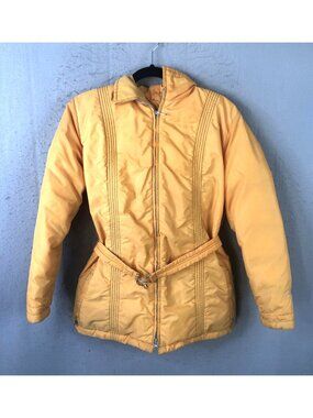 Vintage Gerry Jacket Womens Medium Yellow Down Belted Hooded Ski Coat 70s